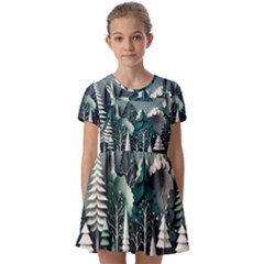 Forest Papercraft Trees Background Kids  Short Sleeve Pinafore Style Dress by Ravend