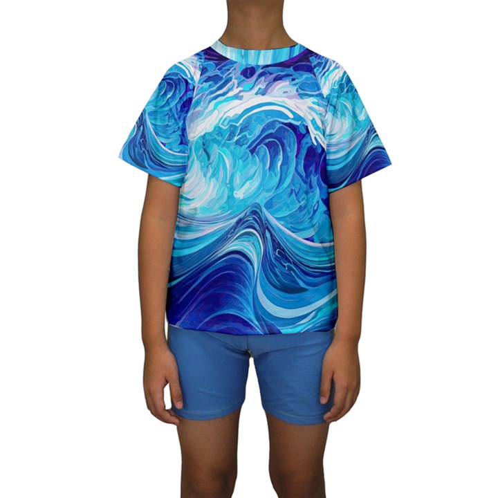 Tsunami Waves Ocean Sea Nautical Nature Water Kids  Short Sleeve Swimwear