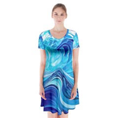 Tsunami Waves Ocean Sea Nautical Nature Water Short Sleeve V-neck Flare Dress by Ravend