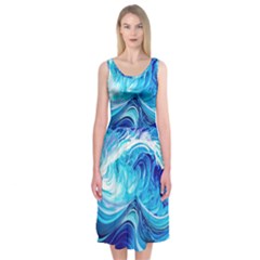 Tsunami Waves Ocean Sea Nautical Nature Water Midi Sleeveless Dress by Ravend