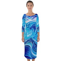 Tsunami Waves Ocean Sea Nautical Nature Water Quarter Sleeve Midi Bodycon Dress by Ravend