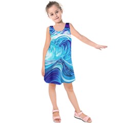 Tsunami Waves Ocean Sea Nautical Nature Water Kids  Sleeveless Dress by Ravend