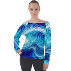 Tsunami Waves Ocean Sea Nautical Nature Water Off Shoulder Long Sleeve Velour Top by Ravend