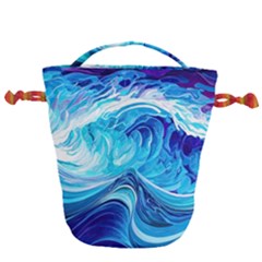 Tsunami Waves Ocean Sea Nautical Nature Water Drawstring Bucket Bag by Ravend