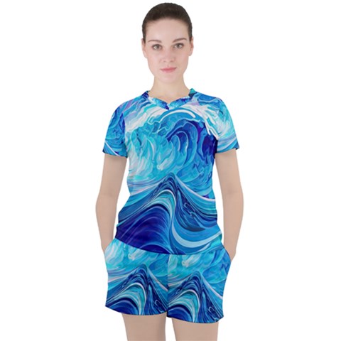 Tsunami Waves Ocean Sea Nautical Nature Water Women s Tee And Shorts Set by Ravend