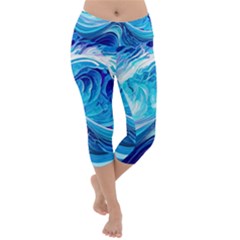 Tsunami Waves Ocean Sea Nautical Nature Water Lightweight Velour Capri Yoga Leggings by Ravend