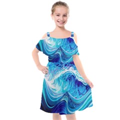 Tsunami Waves Ocean Sea Nautical Nature Water Kids  Cut Out Shoulders Chiffon Dress by Ravend