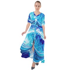 Tsunami Waves Ocean Sea Nautical Nature Water Waist Tie Boho Maxi Dress by Ravend