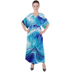 Tsunami Waves Ocean Sea Nautical Nature Water V-neck Boho Style Maxi Dress by Ravend