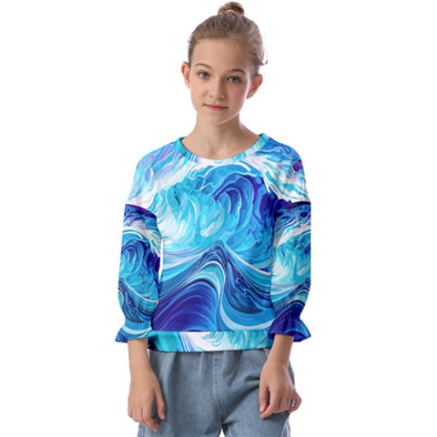 Tsunami Waves Ocean Sea Nautical Nature Water Kids  Cuff Sleeve Top by Ravend