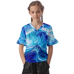 Tsunami Waves Ocean Sea Nautical Nature Water Kids  V-neck Horn Sleeve Blouse by Ravend