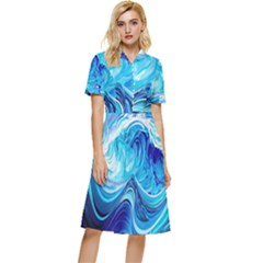 Tsunami Waves Ocean Sea Nautical Nature Water Button Top Knee Length Dress by Ravend