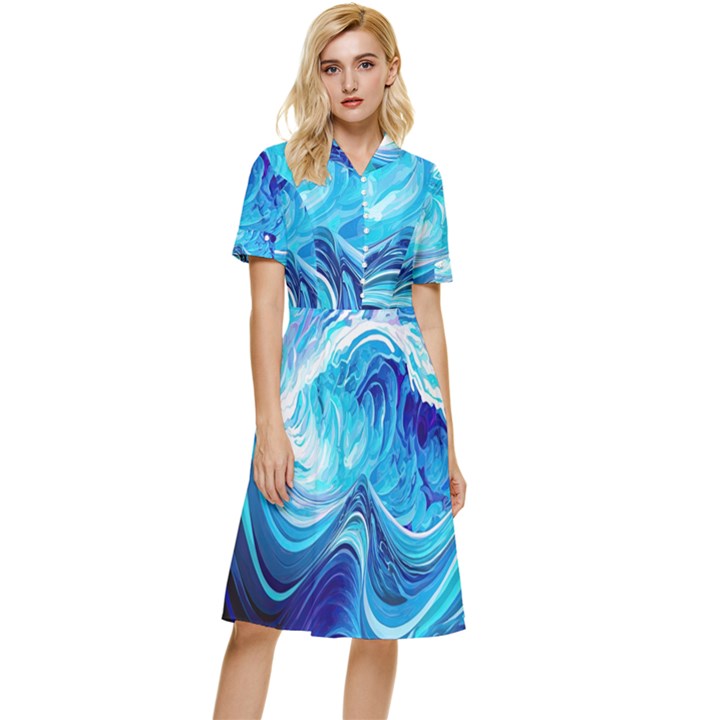 Tsunami Waves Ocean Sea Nautical Nature Water Button Top Knee Length Dress