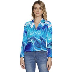 Tsunami Waves Ocean Sea Nautical Nature Water Women s Long Sleeve Revers Collar Cropped Jacket by Ravend