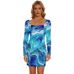 Tsunami Waves Ocean Sea Nautical Nature Water Long Sleeve Square Neck Bodycon Velvet Dress