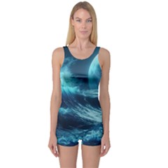 Moonlight High Tide Storm Tsunami Waves Ocean Sea One Piece Boyleg Swimsuit by Ravend