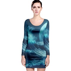 Moonlight High Tide Storm Tsunami Waves Ocean Sea Long Sleeve Bodycon Dress by Ravend