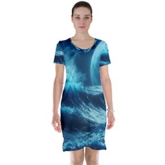 Moonlight High Tide Storm Tsunami Waves Ocean Sea Short Sleeve Nightdress by Ravend