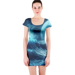 Moonlight High Tide Storm Tsunami Waves Ocean Sea Short Sleeve Bodycon Dress by Ravend