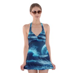 Moonlight High Tide Storm Tsunami Waves Ocean Sea Halter Dress Swimsuit  by Ravend