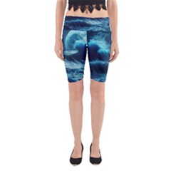 Moonlight High Tide Storm Tsunami Waves Ocean Sea Yoga Cropped Leggings by Ravend