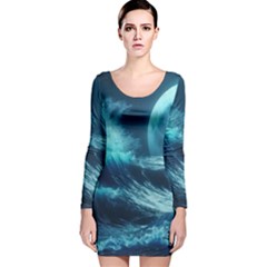 Moonlight High Tide Storm Tsunami Waves Ocean Sea Long Sleeve Velvet Bodycon Dress