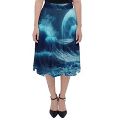 Moonlight High Tide Storm Tsunami Waves Ocean Sea Classic Midi Skirt by Ravend