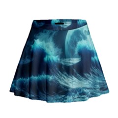 Moonlight High Tide Storm Tsunami Waves Ocean Sea Mini Flare Skirt by Ravend