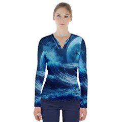 Moonlight High Tide Storm Tsunami Waves Ocean Sea V-neck Long Sleeve Top by Ravend