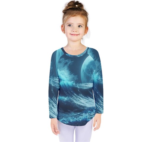 Moonlight High Tide Storm Tsunami Waves Ocean Sea Kids  Long Sleeve Tee by Ravend