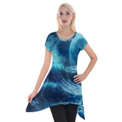 Moonlight High Tide Storm Tsunami Waves Ocean Sea Short Sleeve Side Drop Tunic by Ravend