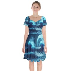 Moonlight High Tide Storm Tsunami Waves Ocean Sea Short Sleeve Bardot Dress by Ravend