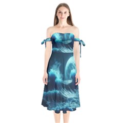 Moonlight High Tide Storm Tsunami Waves Ocean Sea Shoulder Tie Bardot Midi Dress by Ravend