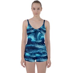 Moonlight High Tide Storm Tsunami Waves Ocean Sea Tie Front Two Piece Tankini by Ravend