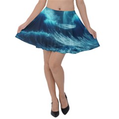 Moonlight High Tide Storm Tsunami Waves Ocean Sea Velvet Skater Skirt by Ravend