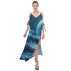 Moonlight High Tide Storm Tsunami Waves Ocean Sea Maxi Chiffon Cover Up Dress by Ravend