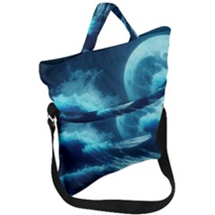 Moonlight High Tide Storm Tsunami Waves Ocean Sea Fold Over Handle Tote Bag by Ravend