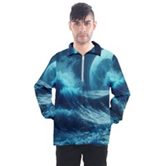 Moonlight High Tide Storm Tsunami Waves Ocean Sea Men s Half Zip Pullover by Ravend