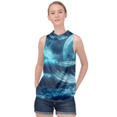 Moonlight High Tide Storm Tsunami Waves Ocean Sea High Neck Satin Top by Ravend