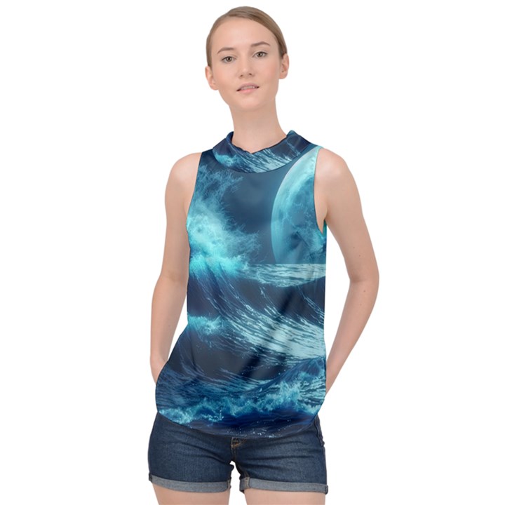 Moonlight High Tide Storm Tsunami Waves Ocean Sea High Neck Satin Top