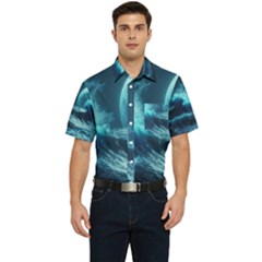 Moonlight High Tide Storm Tsunami Waves Ocean Sea Men s Short Sleeve Pocket Shirt  by Ravend