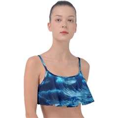 Moonlight High Tide Storm Tsunami Waves Ocean Sea Frill Bikini Top by Ravend