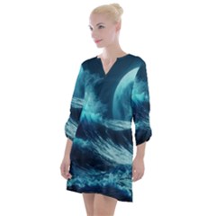 Moonlight High Tide Storm Tsunami Waves Ocean Sea Open Neck Shift Dress by Ravend