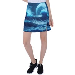 Moonlight High Tide Storm Tsunami Waves Ocean Sea Tennis Skirt by Ravend