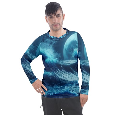 Moonlight High Tide Storm Tsunami Waves Ocean Sea Men s Pique Long Sleeve Tee by Ravend