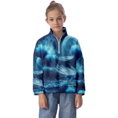 Moonlight High Tide Storm Tsunami Waves Ocean Sea Kids  Half Zip Hoodie by Ravend