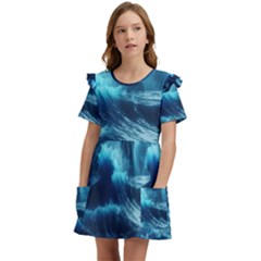 Moonlight High Tide Storm Tsunami Waves Ocean Sea Kids  Frilly Sleeves Pocket Dress by Ravend