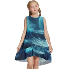 Moonlight High Tide Storm Tsunami Waves Ocean Sea Kids  Frill Swing Dress by Ravend