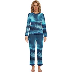 Moonlight High Tide Storm Tsunami Waves Ocean Sea Womens  Long Sleeve Lightweight Pajamas Set by Ravend