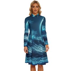 Moonlight High Tide Storm Tsunami Waves Ocean Sea Long Sleeve Shirt Collar A-line Dress by Ravend